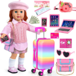 "Doll Travel Adventure Set for 18-Inch Dolls - Includes Suitcase, Clothes, Accessories, and More!"