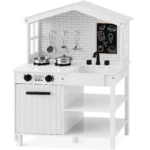 Farmhouse Play Kitchen Toy for Kids with Chalkboard, Storage Shelves, and 5 Accessories - White