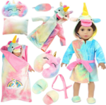 "Rainbow Unicorn Doll Costume Set with Matching Sleeping Bag - Perfect for 18 Inch Dolls!"