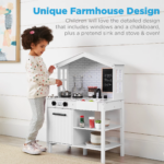 Farmhouse Play Kitchen Toy for Kids with Chalkboard, Storage Shelves, and 5 Accessories - White - Image 2
