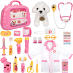"Deluxe Toy Doctor Kit for Girls - Includes Dog Toy, Stethoscope, and Dress-Up Costume - Perfect Gift for Kids Ages 3-6!" - Image 8