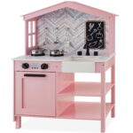 Farmhouse Play Kitchen Toy for Kids with Chalkboard, Storage Shelves, and 5 Accessories - White - Image 8