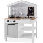 Farmhouse Play Kitchen Toy for Kids with Chalkboard, Storage Shelves, and 5 Accessories - White - Image 11
