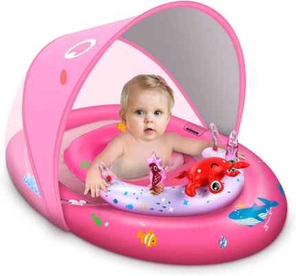 "Sun-Safe Baby Pool Float with Canopy & Toy Console - Ages 3-36 Months"