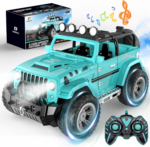 " 1:16 Remote Control Car with Fog Mist, Music, and 2 Batteries - All Terrain RC Truck for Boys with Trailer Hitch"