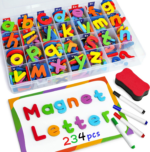 Magnetic Letters 234 Pcs, Uppercase Lowercase Foam Alphabet ABC Fridge Magnets, Educational Toy Set for Classroom Kids Learning Spelling with Magnetic Board and Storage Box