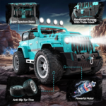 " 1:16 Remote Control Car with Fog Mist, Music, and 2 Batteries - All Terrain RC Truck for Boys with Trailer Hitch" - Image 4