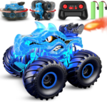 "360° Rotating Dinosaur RC Car with Spray, Light & Sound - All Terrain Monster Truck for Kids with 2 Batteries"