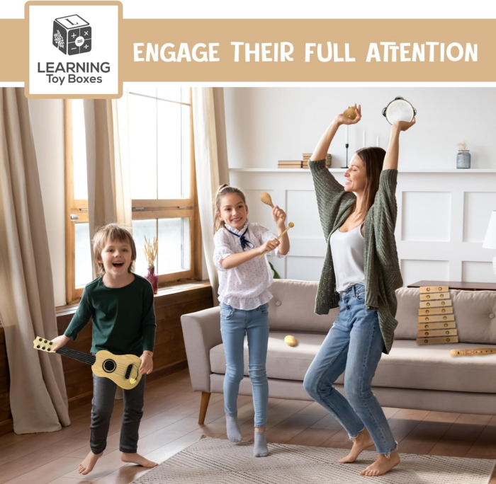 "Delightful Natural Wooden Musical Instruments Set for Kids - Perfect for Preschool Learning & Fun! Includes Maracas, Guitar, Xylophone, Tambourine, Castanet, Shaker Egg, and Flute!" - Image 7