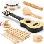 "Delightful Natural Wooden Musical Instruments Set for Kids - Perfect for Preschool Learning & Fun! Includes Maracas, Guitar, Xylophone, Tambourine, Castanet, Shaker Egg, and Flute!"