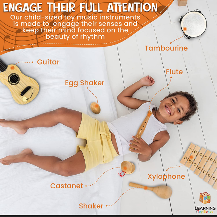 "Delightful Natural Wooden Musical Instruments Set for Kids - Perfect for Preschool Learning & Fun! Includes Maracas, Guitar, Xylophone, Tambourine, Castanet, Shaker Egg, and Flute!" - Image 3