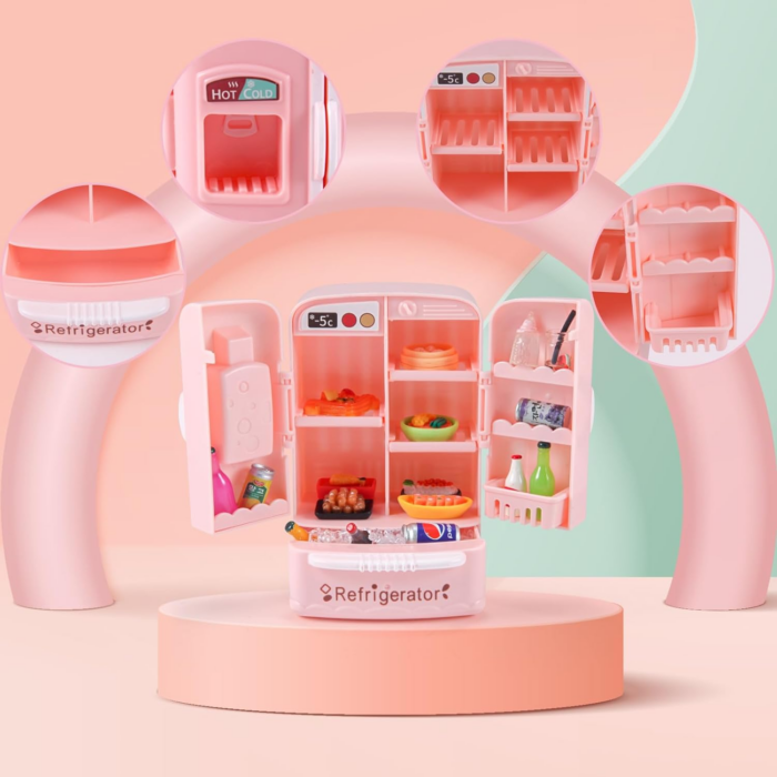 95 Pcs Dollhouse Refrigerator Mini Fridge Table Dining Car Toy with Food Set Kitchen Furniture Miniatures Party Fruits Juice Milk Desserts for Children Drink Cake Pretend Play Game Fake Ice Cubes - Image 5
