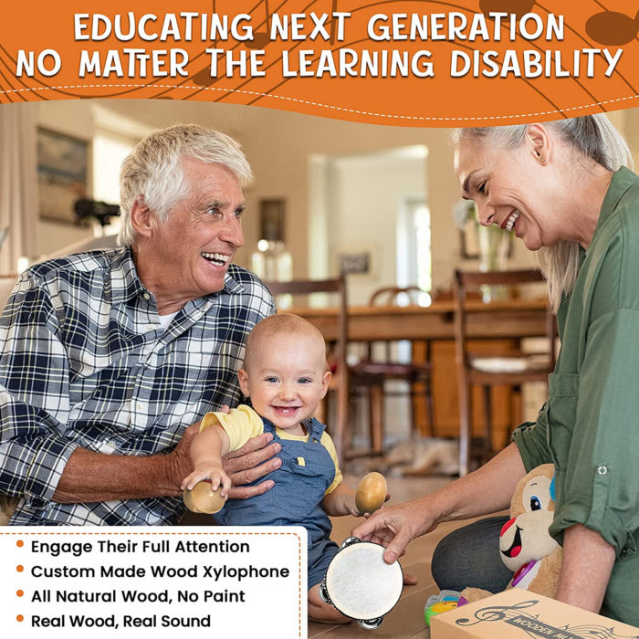 "Delightful Natural Wooden Musical Instruments Set for Kids - Perfect for Preschool Learning & Fun! Includes Maracas, Guitar, Xylophone, Tambourine, Castanet, Shaker Egg, and Flute!" - Image 2