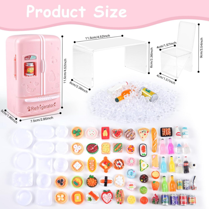 95 Pcs Dollhouse Refrigerator Mini Fridge Table Dining Car Toy with Food Set Kitchen Furniture Miniatures Party Fruits Juice Milk Desserts for Children Drink Cake Pretend Play Game Fake Ice Cubes - Image 4