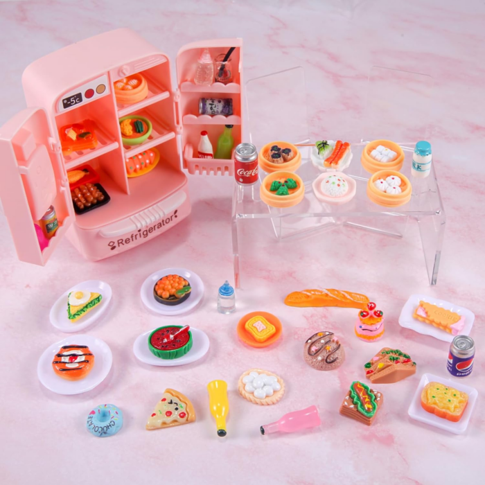 95 Pcs Dollhouse Refrigerator Mini Fridge Table Dining Car Toy with Food Set Kitchen Furniture Miniatures Party Fruits Juice Milk Desserts for Children Drink Cake Pretend Play Game Fake Ice Cubes - Image 6