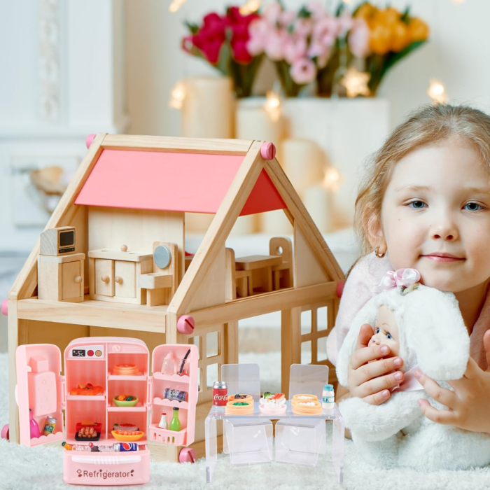 95 Pcs Dollhouse Refrigerator Mini Fridge Table Dining Car Toy with Food Set Kitchen Furniture Miniatures Party Fruits Juice Milk Desserts for Children Drink Cake Pretend Play Game Fake Ice Cubes - Image 7