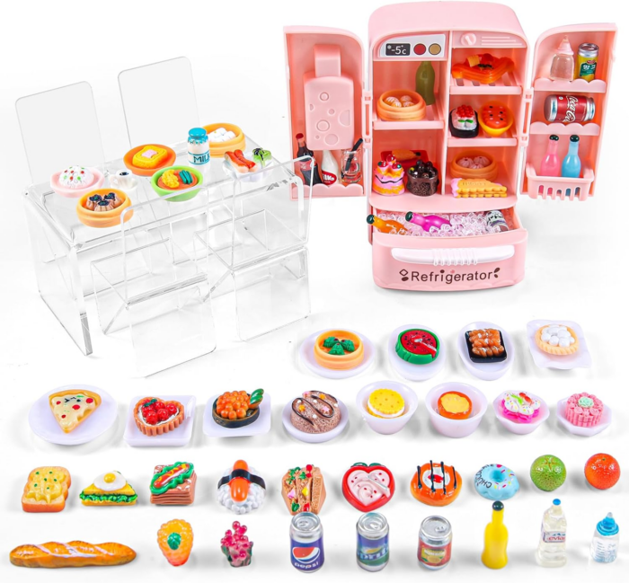 95 Pcs Dollhouse Refrigerator Mini Fridge Table Dining Car Toy with Food Set Kitchen Furniture Miniatures Party Fruits Juice Milk Desserts for Children Drink Cake Pretend Play Game Fake Ice Cubes - Image 1