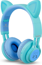 " CT-7S Cat Ear Bluetooth Headphones for Kids - Safe 85dB Volume Limiting, LED Lights, Wireless Over-Ear Design with Microphone - Perfect for Laptop, PC, and TV (Blue & Green)" - Image 3
