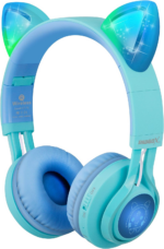 " CT-7S Cat Ear Bluetooth Headphones for Kids - Safe 85dB Volume Limiting, LED Lights, Wireless Over-Ear Design with Microphone - Perfect for Laptop, PC, and TV (Blue & Green)"