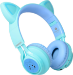 " CT-7S Cat Ear Bluetooth Headphones for Kids - Safe 85dB Volume Limiting, LED Lights, Wireless Over-Ear Design with Microphone - Perfect for Laptop, PC, and TV (Blue & Green)" - Image 4