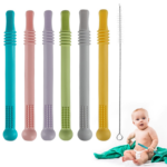 Hollow Teether Tube Chew Straw Sensory Toy Set - BPA Free Silicone Teething Toys for Infants & Toddlers (3-36 Months) - Freezable 6 Pack for Learning & Development