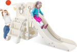L-Shaped 5-in-1 Kids Slide Climber with Ball & Hoop, Storage Space, and Non-Slip Steps for Indoor/Outdoor Play