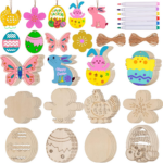 60PCS Easter Wood Cutouts - DIY Bunny & Egg Ornaments for Kids' Crafts, Perfect for Easter Party Decor with Drawing Pen & Hang Cords