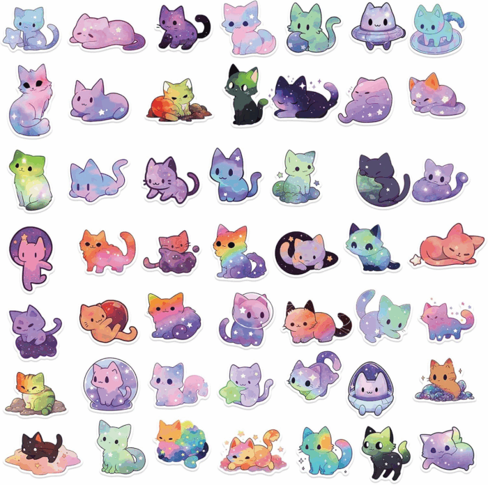 50 Adorable Cartoon Rainbow Cat Stickers - Aesthetic Vinyl for Laptops, Water Bottles, Suitcases & More! - Image 2