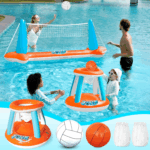 Inflatable Pool Float Set - Volleyball Net & Basketball Hoops for Ultimate Summer Fun - Perfect for Kids and Adults - L-Orange - Image 9