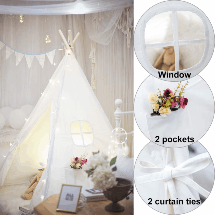 Kids Teepee Tent - Portable Indoor/Outdoor Play Tent in White - Image 7