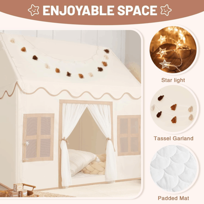 Cozy Kids Play Tent with Mat, Tassel Garland & Star Lights - Perfect Indoor Playhouse for Toddlers - Ideal Birthday Gift for Boys & Girls - Image 3