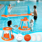Inflatable Pool Float Set - Volleyball Net & Basketball Hoops for Ultimate Summer Fun - Perfect for Kids and Adults - L-Orange