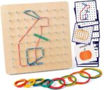 Wooden Geoboard - 30 Pattern Cards & Latex Bands for STEM Learning, 8x8 Brain Teaser Educational Toy for Kids