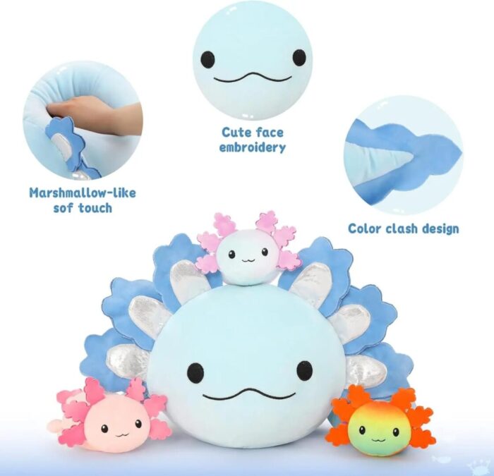 23.5" Giant Axolotl Plush with 3 Baby Axolotls - Soft Stuffed Animal Throw Pillow in Blue - Image 5