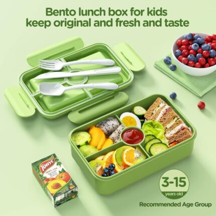 Large Leakproof Bento Box for Kids - 4-Compartment Food Storage Container with Tableware, Perfect for Back to School and On-the-Go Meals, Green