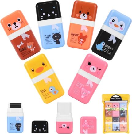 Adorable Animal-Themed Pencil Erasers - 6 Pack with Roller & Cover, Perfect Gift for Kids' School Supplies!