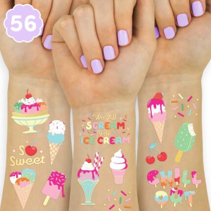 Glittery  Ice Cream Birthday Party Temporary Tattoos for Kids - 56 Fun Designs for Sweet Celebrations and Arts & Crafts!