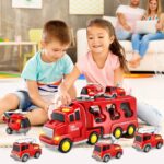 5-in-1 Fire Truck Toy Set for Toddlers Ages 1-5 - Red Carrier with Lights, Sounds, Mini Helicopter, and Crane Cars - Image 3