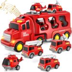 5-in-1 Fire Truck Toy Set for Toddlers Ages 1-5 - Red Carrier with Lights, Sounds, Mini Helicopter, and Crane Cars - Image 7