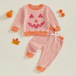 Toddler Boys Halloween 2-Piece Set: Long Sleeve Pumpkin Embroidery Top with Striped Pants - Image 2