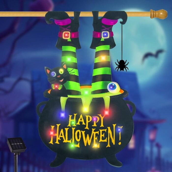 Illuminate Your Halloween Spirit with Our LED Solar Garden Flag - 8 Modes Witch Feet Design, Double-Sided Cauldron & Eyeball Black Cat Decor for Your Porch! - Image 12