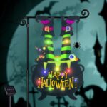 Illuminate Your Halloween Spirit with Our LED Solar Garden Flag - 8 Modes Witch Feet Design, Double-Sided Cauldron & Eyeball Black Cat Decor for Your Porch!