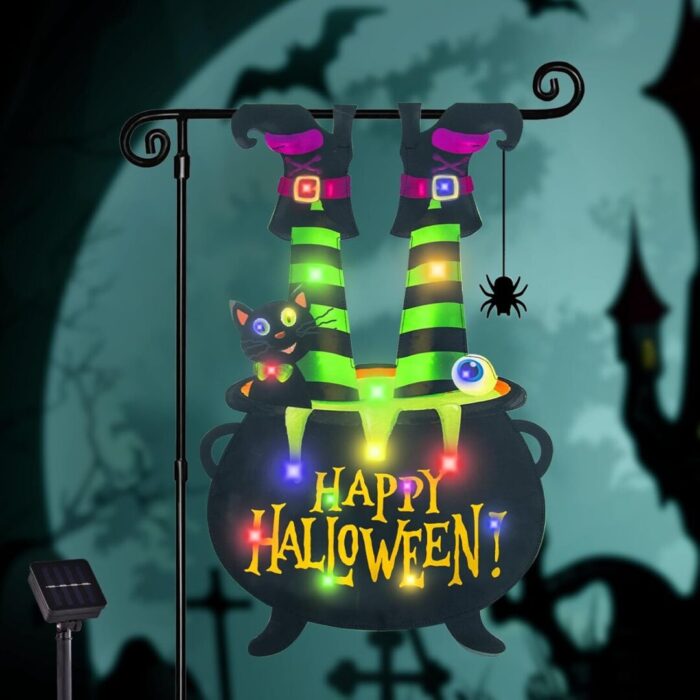 Illuminate Your Halloween Spirit with Our LED Solar Garden Flag - 8 Modes Witch Feet Design, Double-Sided Cauldron & Eyeball Black Cat Decor for Your Porch! - Image 1