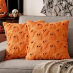 Set of 2 Halloween Ghost Pillow Covers - Soft Plush Faux Fur Decorative Cushions for Spooky Home Decor - 18x18 Inch White Throw Pillows for Couch, Sofa, Bed, and Porch - Image 10