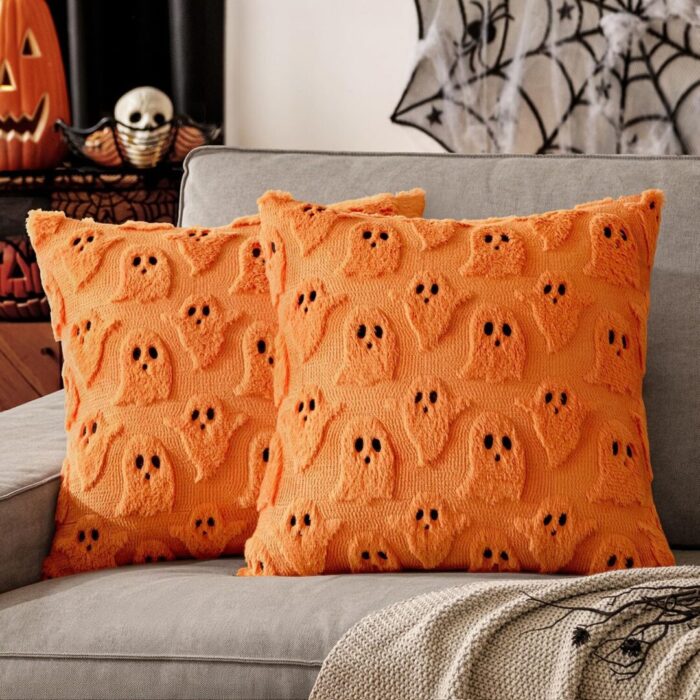 Set of 2 Halloween Ghost Pillow Covers - Soft Plush Faux Fur Decorative Cushions for Spooky Home Decor - 18x18 Inch White Throw Pillows for Couch, Sofa, Bed, and Porch - Image 10