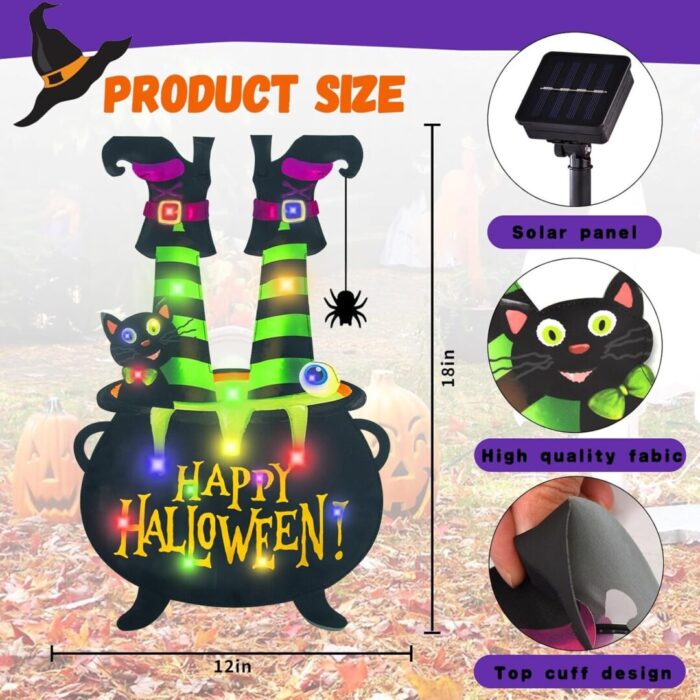 Illuminate Your Halloween Spirit with Our LED Solar Garden Flag - 8 Modes Witch Feet Design, Double-Sided Cauldron & Eyeball Black Cat Decor for Your Porch! - Image 4