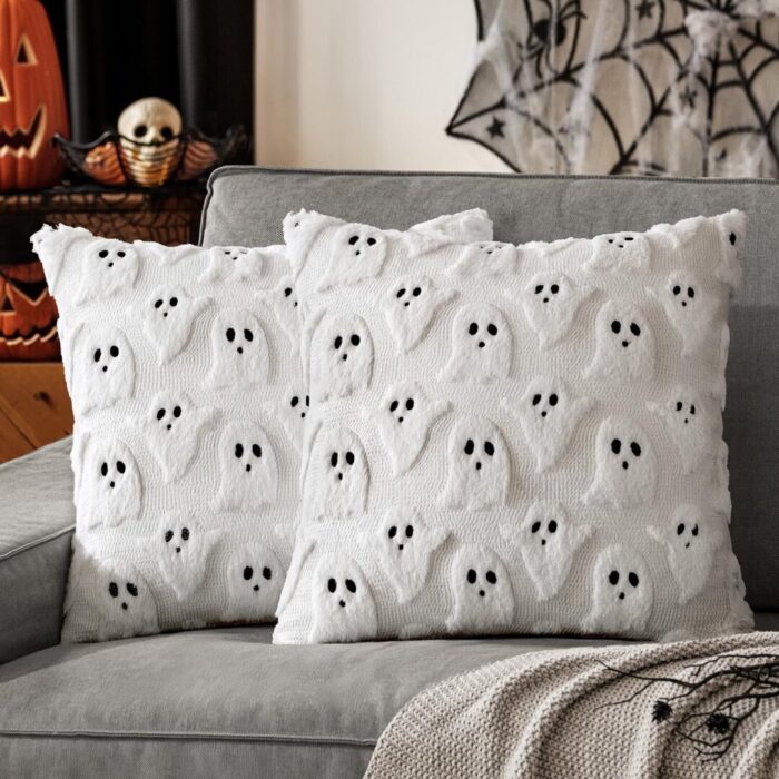 Set of 2 Halloween Ghost Pillow Covers - Soft Plush Faux Fur Decorative Cushions for Spooky Home Decor - 18x18 Inch White Throw Pillows for Couch, Sofa, Bed, and Porch - Image 1
