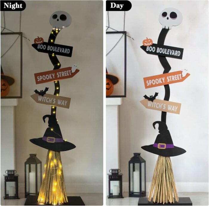 Lighted Wooden Witch's Broom - Spooky Halloween Decor for Indoor & Outdoor Porches and Yards - Image 2
