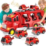 5-in-1 Fire Truck Toy Set for Toddlers Ages 1-5 - Red Carrier with Lights, Sounds, Mini Helicopter, and Crane Cars