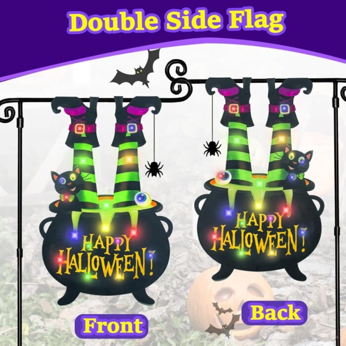 Illuminate Your Halloween Spirit with Our LED Solar Garden Flag - 8 Modes Witch Feet Design, Double-Sided Cauldron & Eyeball Black Cat Decor for Your Porch! - Image 3